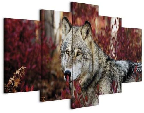 murando - Leinwandbild Wolf Herbst Wald, 200x100 cm, 5-teilig, Schlafzimmer | Hochwertige Leinwand, sofort aufhängbar, ideal fürs Wohn- oder Schlafzimmer, wasserfest und lichtecht, langlebig, stilvoll