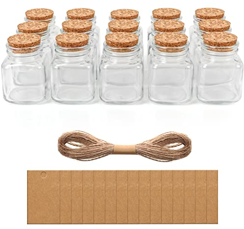 BELLE VOUS 15 Pack of Glass Craft Bottles with Cork Stopper Lids, Twine & Tags - 100ml Miniature Jars - Glass Bottles for Wedding/Party Favours, Wishing Bottles & Decorative DIY Arts/Crafts