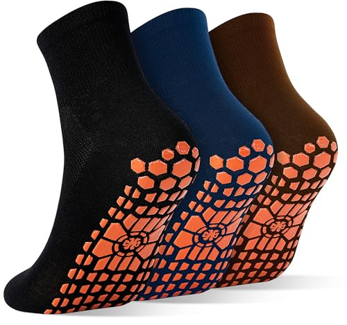 SkiBeaut Men Grips Socks Non Slip Sticky 3 Pairs Tile Wood Floors Anti-Skid Pilates Yoga Barre Bikram Fitness Hospital Slipper Socks, US Men Size 10-11