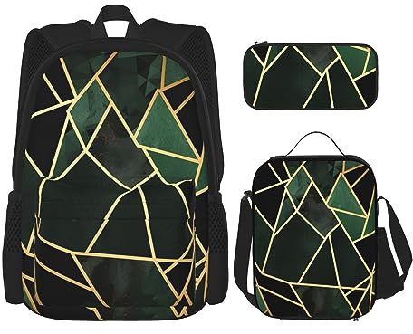 DOFFO Rucksack mit geometrischem Druck, Schwarz und Gold, Reise-Laptop-Rucksack für Damen und Herren, lässige Büchertasche mit Lunch-Tasche, Federmäppchen, 3-teilig, Schwarz, Einheitsgröße, Schwarz ,