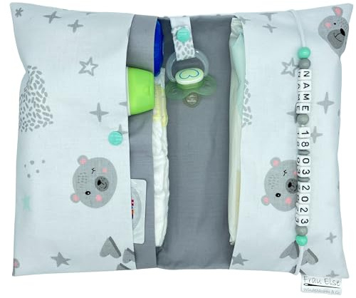 Große Windeltasche XXL mit Name personalisiert Wickeltasche - Teddybär weiß grau mint - für Jungen und Mädchen