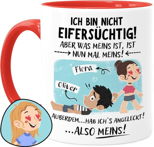 Tassenliebling® Pärchen Tasse personalisiert - Rot - Ich bin nicht eifersüchtig - Lustiges Geschenk für ihn zum Jahrestag - Liebesgeschenke Freund zum Valentinstag - 330ml Keramik