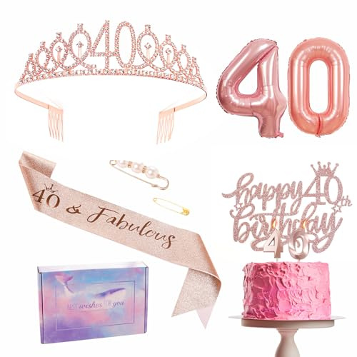 Decorazioni per il 40° compleanno per donne, set di tiara, nastro per feste, corona, decorazioni per torte di compleanno, numero 40, palloncini in pellicola, candele, regali per il 40° compleanno per