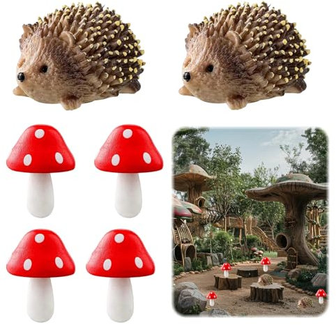 ChAuas 6 Pièces Accessoires de Jardin Féérique, 2 Hérissons et 4 Champignons en Résine, Décoration Miniature pour Plante en Pot, Figurines de Décoration de Jardin en Résine Animaux Miniatures