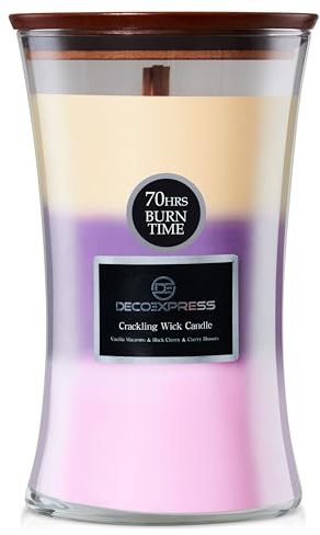 DECO EXPRESS Scented Candles with 3 Layer Scent Trilogy Crackle Wick Candle Up to 130 Hr Burn Time Hourglass Calming Home Decor Housewarming Gifts (Vanilla Macaroon/Black Cherry/Cherry Blossom)