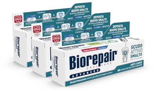 Biorepair, Advanced Zahnpasta mit aktivem Schild gegen Karie, 3 Packungen à 75 ml, gegen Milben und Bakterien, bekämpft Plaque und Karie, schützt den Lack vor bakterieller Aggression