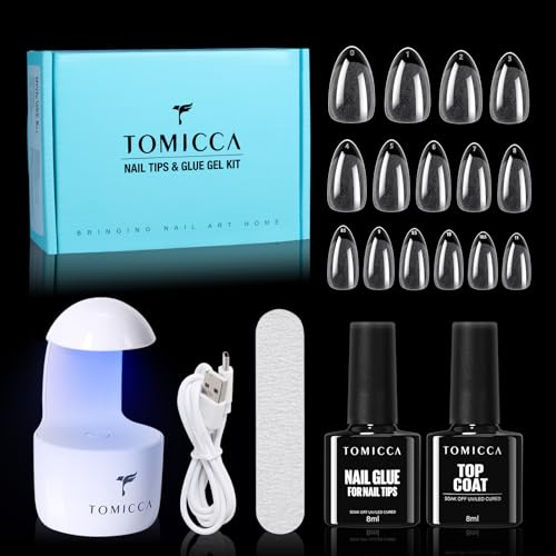 TOMICCA Kit Capsule Americaine, 240 PCS Capsules Ongle Court Amande, Avec Colle 6 en 1 Faux Ongle, Top Coat Semi Permanent Et Mini Lampe UV Gel