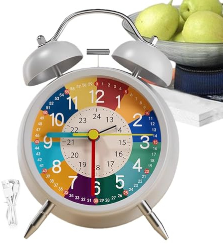 Yumneo Orologio analogico per bambini, sveglia per bambini, con luce notturna, ricaricabile tramite USB, silenzioso, senza ticchettio, in metallo, per imparare a leggere l'ora precoce, aiuto didattico