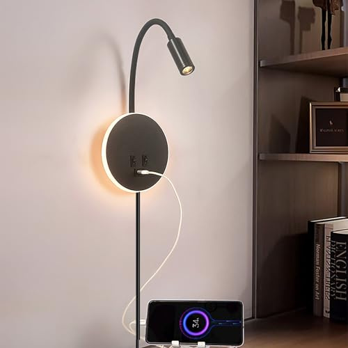 GZZBMY Luminaire de Chevet Liseuse Applique Murale avec 2 Interrupteur et Recharge USB Col de Cygne Lampes Murales Rotatif à 360° avec Prise et Câble Chambre à Coucher (Noir Lumière Chaude,1 Pièce)