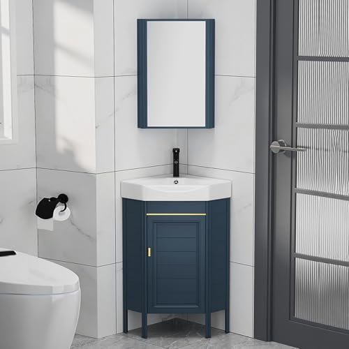 LLZJDDPLY Lavandino bagno e specchio bagno contenitore, Mobile angolare for il bagno da terra, Lavabo in ceramica, Mobili bagno for piccoli spazi(Blue,38cm/15in)