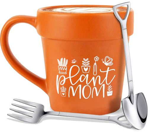 14oz Large Plant Mom Coffee Mug Gardener Plant Pot Mug With Shovel Spoon & Fork - Handmade Gardener Gifts for Women - Mothers Day gifts for Grandma Mom Birthday gifts for Women Flower Pot Cup Tea Cup