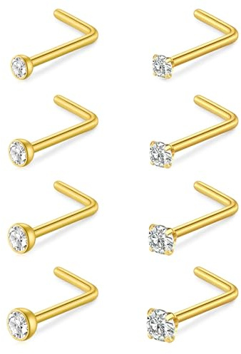 ZS 8Pcs 1.5mm 2mm 2.5mm 3mm Nose Rings, 20G Stainless Steel Nose Stud l Shape Corkscrew Round Diamond CZ Nose Piercings Jewellery