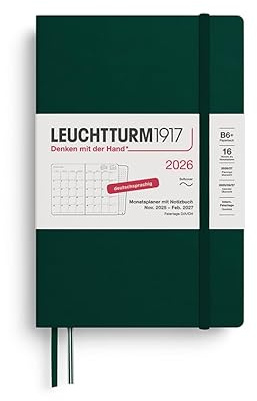 LEUCHTTURM1917 372613 Monatsplaner & Notizbuch Paperback (B6+) 2026, 16 Monate (01 November 2025-28. Februar 2027), Softcover, Forest Green, Deutsch