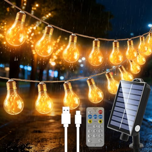 Guirlande Lumineuse Exterieure, A60 Guirlande Guinguette Solaire avec 16 Ampoules, Corde de Chanvre 8M, 8 Modes IP65 Étanche, Télécommande et Chargement USB, pour Jardins, Cours, Bistrots, Pavillon