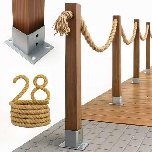Kit de Clôture Nautique en Corde de Style Marin - Garde-Corps de Jardin avec Poteaux et Ancrages à Visser - Longueur 28m, Hauteur 1m - Coloris Naturel et Anthracite