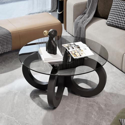 TWSOUL Couchtisch Glas, Runde Couchtische, Stylisher Glastisch mit Geschwungenem Gestell, Modern Wohnzimmertisch, Ausgefallene Couchtische, 80cm, für Wohnzimmer (Schwarze Tischbeine)