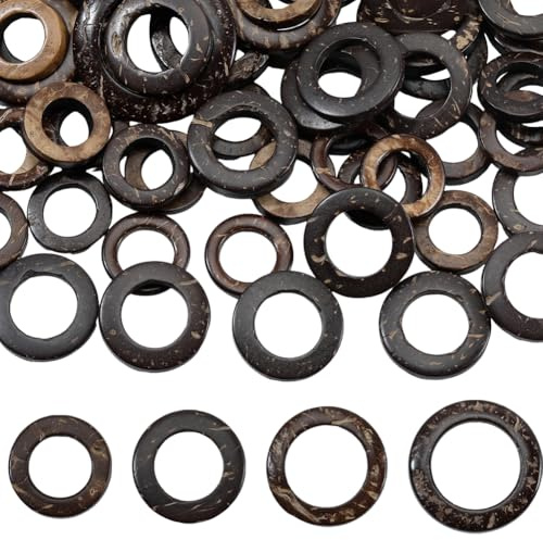 SUNNYCLUE 200 Anneau de Liaison Marron en Bois de Coco 4 Styles Rond et Plat en Bois Naturel pour Macramé pour la Fabrication de Bijoux Pendentifs Bracelets Boucles d'oreilles Loisirs Créatifs