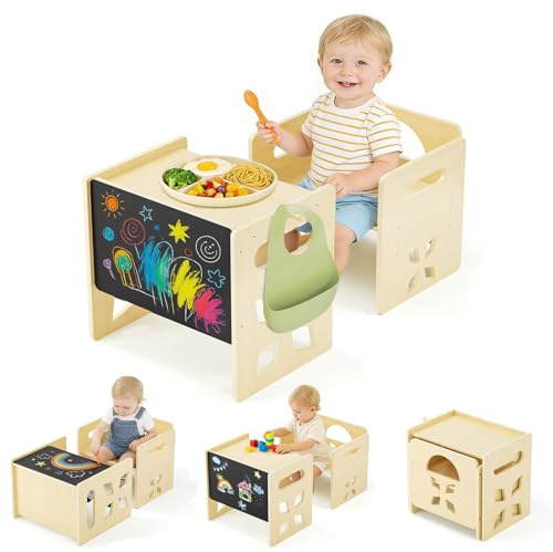 PAMPORPET Montessori Tisch Stuhl Set für Kinder-Kindertisch mit Blackboard- Konvertierbar Kleinkindertischset Holz-Höheneinstellbar kindersessel für 1–3 Jährige-Kindermöbel für Essen/Spielen/Maltisch