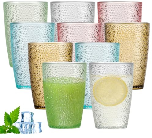 BORDEAG 10 Stück Kunststoffgläser 380 ml, Bunte Plastikgläser Trinkgläser Set, Bruchsichere Campinggläser aus PC, Wiederverwendbare Trinkbecher Plastik für Camping, Party & Alltag