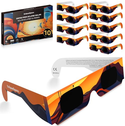 EclipseSpecs Gafas Eclipse Solar Homologadas, CE y EN ISO 12312-2 | EPI (UE) 2016/425 Cat. II | Protección UV/IR | Cumple 4/4 criterios OVAE | Adultos/Niños | Cartón | Packs 3/5/10/25