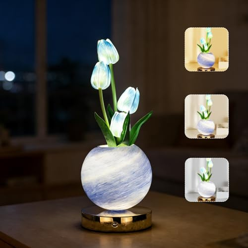 Lámpara de Mesa Tulipán AVEKI, Lámpara de Cama Regulable en 3 Colores con Vaso de Cristal Táctil, Lámpara de Escritorio Recargable y Sin Cables con Flores de Tulipanes Artificiales, Decoración para