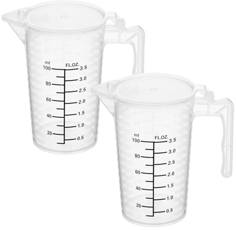 Lot de 2 gobelets doseurs de 100 ml en plastique transparent avec couvercle et bec verseur pour lessive, cuisine, pâtisserie, laboratoire, cuisine