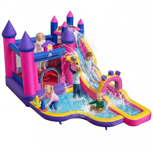 COSTWAY Inflatable Water Slide, Princess Themed Water Park with Long Slide, Jumping Area, Climbing Wall, Splash Pool, Basketball Hoop, Ring-toss, Outdoor Wet & Dry Bouncy Castle for Yard Lawn