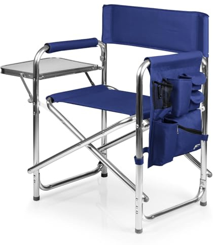 PICNIC TIME Sports Chair with Side Table and Armrest Caddy, Lightweight Aluminum Folding Outdoor Camping Chair for Adults, Portable Director Style Lawn Seating with Pockets & Carry Strap, (Navy Blue)