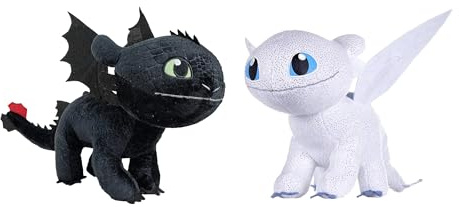 HTTYD Drachenzähmen leicht gemacht - Dragons - Pack 2 Plüsch Light Fury weiße + Ohnezahn Toothless schwarz - Qualiät super Soft 11'80/30cm (40 cm Schwanz enthalten)