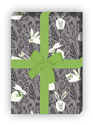 Niedliches Frühlings Geschenkpapier Hasen im Gras nicht nur zu Ostern, grau, schöne Geschenk Verpackung zum Einpacken 32 x 48cm, 4 Bögen für Geburtstage, Hochzeit, Weihnachtsgeschenke, Dekorpapier
