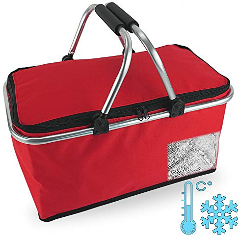 Cepewa - Cestino per picnic pieghevole, con funzione termica, borsa termica, cestino per la spesa, 30 l, colore rosso