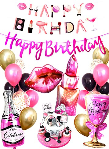 Regendeko Happy Birthday Schminke Rosa Geburtstagsdeko Frau Mädchen | Folienballon Girlande Geburtstag Urlaub Spa JGA Hochzeit Party Deko 16,17,18,30,40,50Geburstagsdeko