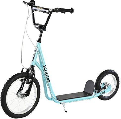 HOMCOM Tretroller, große Lufträder, Ø 40 und 30 cm, höhenverstellbarer Lenker, Bremse vorne / hinten, Ständer, Stahl, Himmelblau, Schwarz