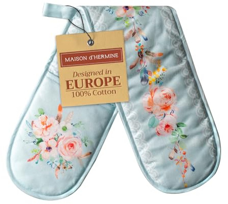 Maison d' Hermine Double Oven Mitts 100% Double Cotton Oven Glove 18 x 89cm | Heat Resistant BBQ Cooking Gloves with Loop Baking Grilling Kitchen Hotel Home Farmhouse Spring Summer - Ibiza - Blue
