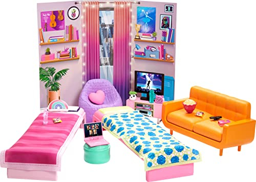 Barbie HDY77 - Stage Free for Big Dreams Dorm Playset with 2 Beds, Sofa, Bean Bag, Bedroom Furniture, Decor and Accessories, Gift for Children from 3 to 7 Years