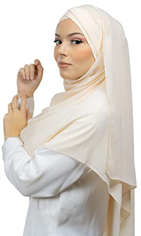 Hijab zum Überziehen mit integrierter Mütze aus Chiffon, für muslimische Frauen, verhüllt, islamischer Schal, Schleier, Slip-on HE100, Cremefarben, One size