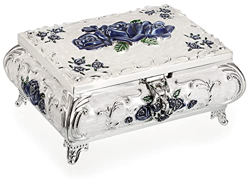 SUMNACON Vintage Metal Small Jewelry Box Trinket Box with Blue Flower Pattern, Retro Trinket Storage Organzier Jewelry Holder Box for Rings Earrings Necklace, White (Size L)