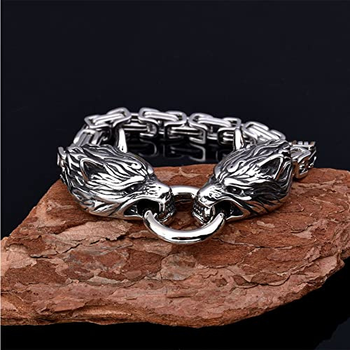 PBTMCD Brazalete con Cabeza De Lobo para Hombre Pulsera, Acero Inoxidable Motorista Punk Cadena MuñEca Cadena Rey Joyas Amuleto Vikingo Fenrir Cierre Anillo Resorte,Plata,21cm