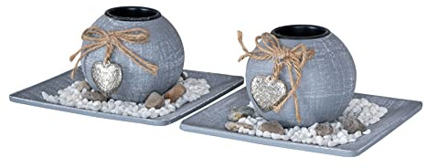 2er Set Teelichthalter Rund Grau Weiß Deko-Teller Holz Tischdeko Kerzenhalter Kerzen Shabby Chic Vintage Landhausstil Teelichtset