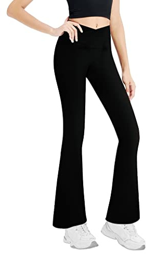 Gnainach Crossover Flare Leggings for Girls Size 11-12 Years Old Black High Waisted Kids Bell Bottom Elastic Length Dance Pants for Running