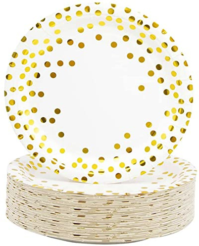 CEILIWEN Weiß und Gold Teller, Weiß Gold Pappteller, 7'' Polka Dot Pappteller, Papier Partyteller, Gold Partyteller, Packung mit 50