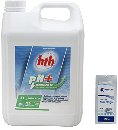 HTH pH Plus Flüssigkeit – 5 l | Korrektor des pH-Wertes flüssig – erhöht den pH-Wert + 10 HPS-Tests, 6-in-1