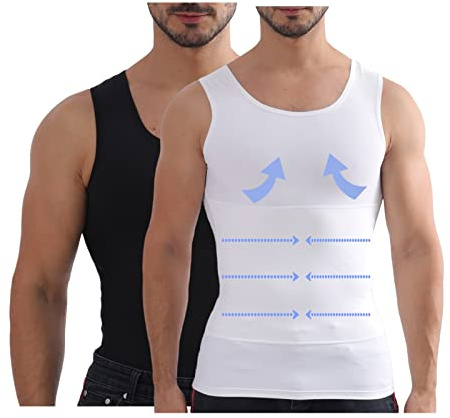 Henicepte Unterhemd für Herren, Bauchkontrolle, Brustkompression, versteckt, Gynäkomastie, Unterhemd, Shapewear, 2er-Pack: Schwarz/Weiß, Mittel
