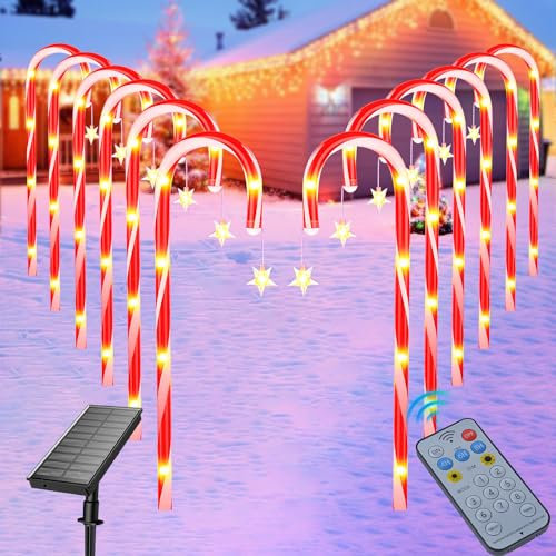 Canna di Caramella Luci Natalizie Solari, 12 Pezzi Candy Cane Stella LED da Esterno, Decorazioni per Esterno, 8 Modalità Addobbi Luce Decor de Giardino Passerella Prato