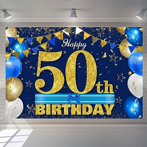50. Geburtstag Deko für Männer/Damen, 50 Geburtstag Stoff Schild Plakat 50. Jubiläumsparty Hintergrund Banner Geburtstagsdeko Blau und Gold, 1,5m