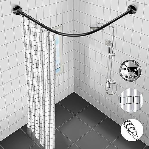 FLTRGO Duschvorhangstangen Ecke Teleskop, Duschvorhangstange L Form Edelstahl, Duschstange Ohne Bohren, Stange Duschvorhang Schwarz Mit Duschvorhang Und Haken