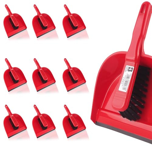 Bauster® Lot de 10 balayettes à main avec poils spéciaux, balai avec pelle à poussière avec lèvre en caoutchouc supplémentaire, balayette et pelle avec bord grattoir et œillet de suspension, balayette