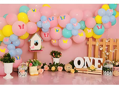 Ttincceer telón de Fondo de cumpleaños 180x120cm niño niña 1er cumpleaños Fiesta fotografía Fondo Azul Rosa Globo Mariposa Flor fotografía telón de Fondo recién Nacido bebé Ducha Bautismo Fondo