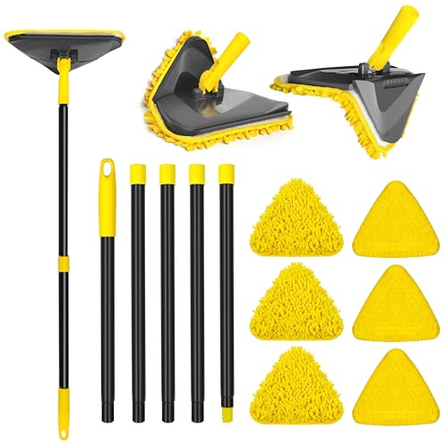 ZUBULUN Wall Mop with 220 CM Long Handle, Newly Upgraded 180° Folding Baseboard Cleaner Tool Duster Buddy with Window Squeegee for Cleaning Painted Wall, Ceiling, Wash Floor, 6 Replacement Pads