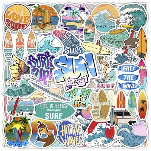 100Pcs Surf & Wave Stickers for Water Bottle and Laptop - Ocean Party Supplies & Decorations, Waterproof Vinyl Beach Decals,Gifts for Women & Men